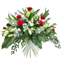 Aranjament floral funerar trandafiri,crini si lisianthus 2